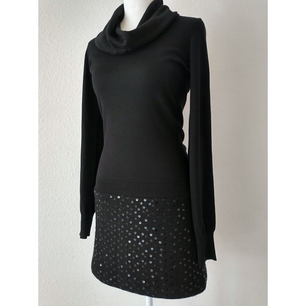 BCBGMAXAZRIA Silk Wool Sequin Cowl Drop Waist Mini Dress XS Black Holiday Y2K
